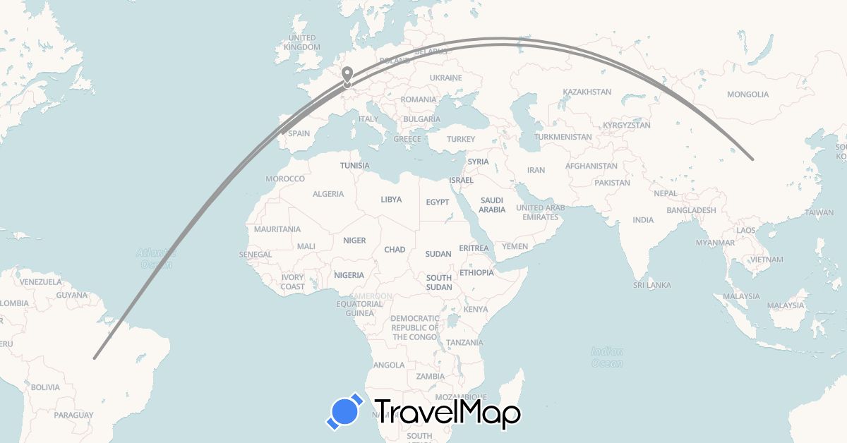 TravelMap itinerary: driving, plane in Brazil, China, France, Portugal (Asia, Europe, South America)